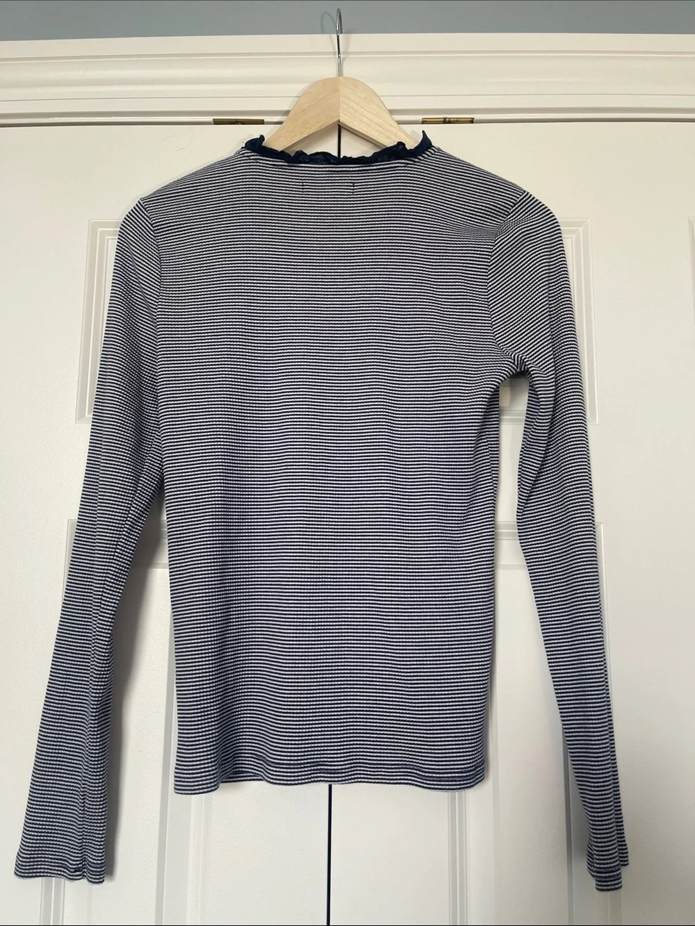 J. Crew Navy and White Micro-Stripe Long-Sleeve V-Neck Top